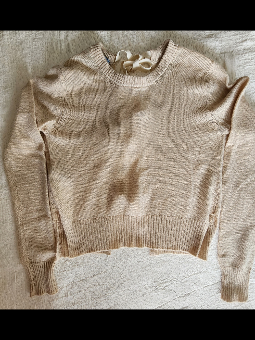 Prada 100% Cashmere Open Back Sweater - Triple Ribbon Bow Detail - Beige